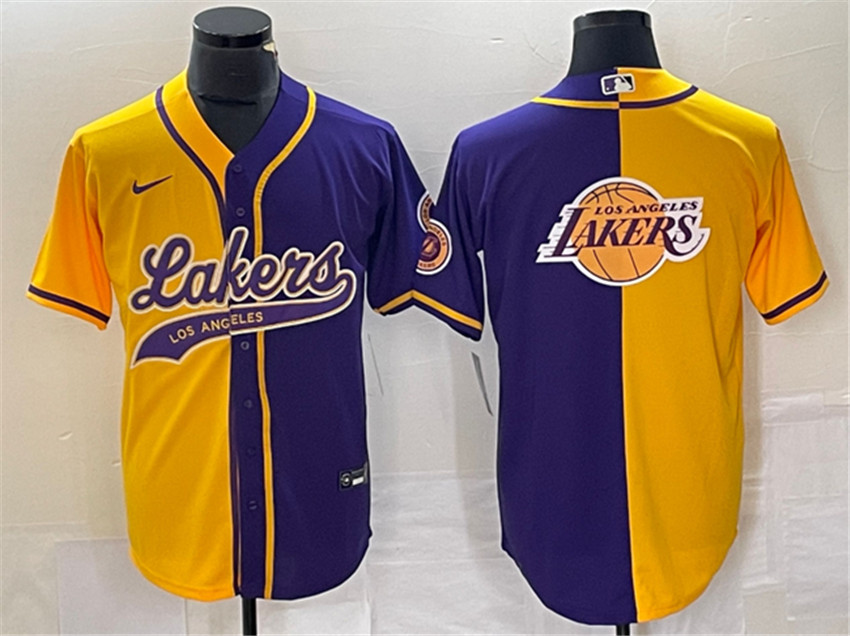 Men's Gold/Purple Los Angeles Lakers Split Team Big Logo Cool Base Stitched Baseball Jersey
